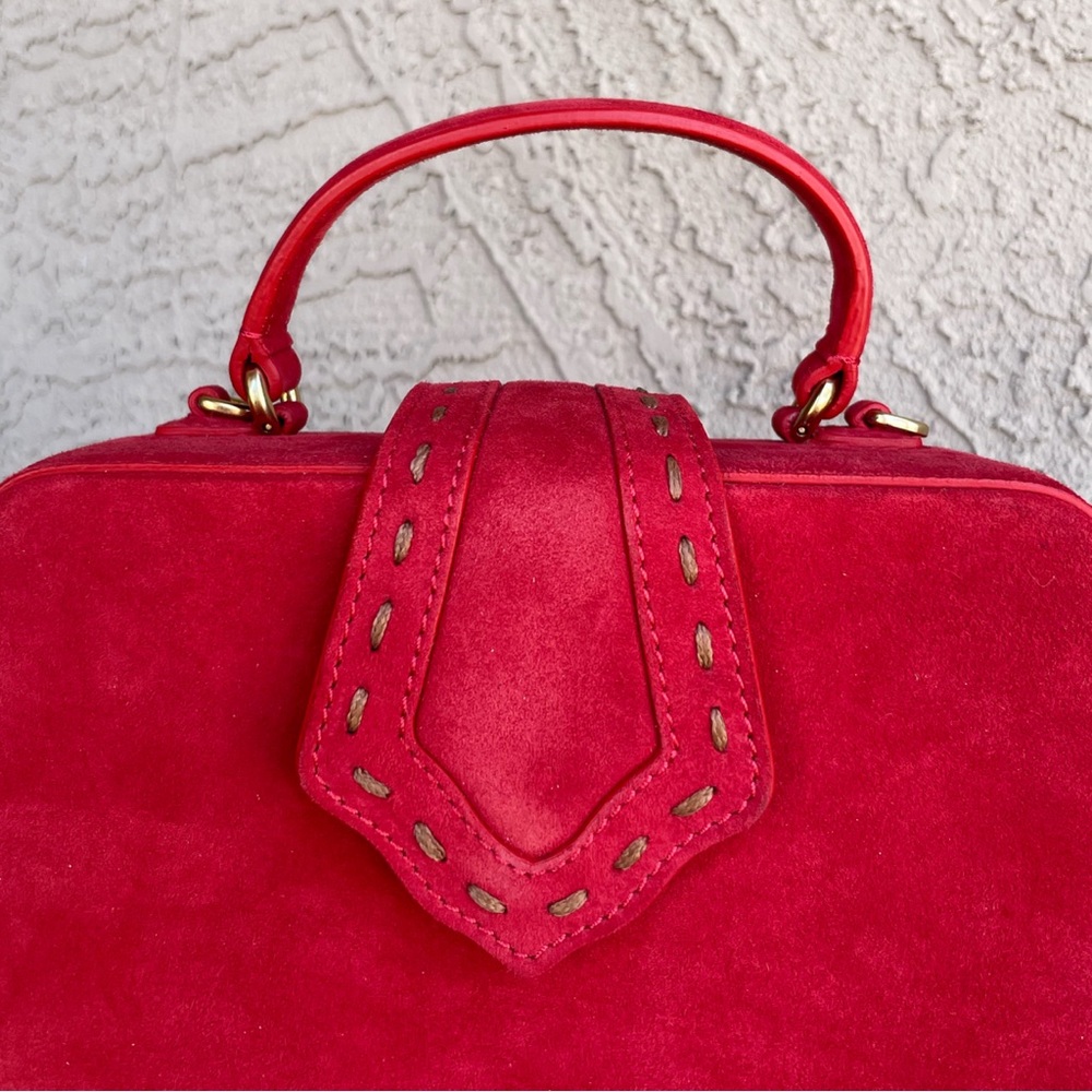 MEHRY MU Red Suede Fey Box Bag Classic Stitched Top Handle Crossbody Bag - Picture 9 of 15